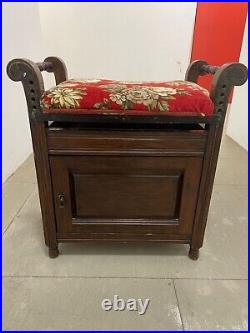 Antique Vintage Piano Stool Red Floral Velvet Seat Storage Collection Only