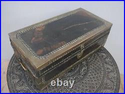 Antique Vintage Small Leather Bound Camphor Wood Trunk Box Campaign