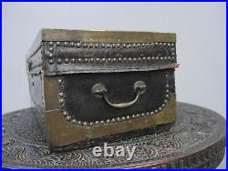 Antique Vintage Small Leather Bound Camphor Wood Trunk Box Campaign