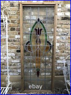 Antique Vintage Stain Glass Window In Rustic Wood Frame