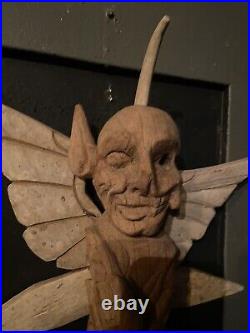 Antique Vintage Wood Carved Figure Devil And Skeleton Memento Mori Oddities