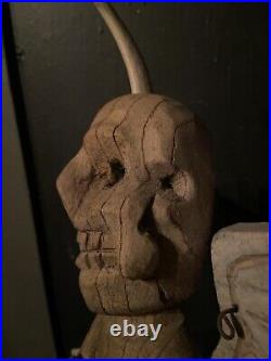 Antique Vintage Wood Carved Figure Devil And Skeleton Memento Mori Oddities