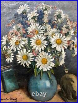 Antique Vintage oil painting floral bouquet vase still life gesso frame wood