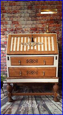 Antique Vintage writing desk bureau white gold stripe regal
