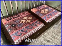 Antique Wooden Bench Seat Settee Vintage Woollen Tapestry Kilim Rug Upholstery