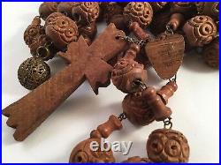 Antique old Vintage carved wooden Rosary Beads wood cross huge large for wall