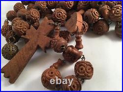 Antique old Vintage carved wooden Rosary Beads wood cross huge large for wall