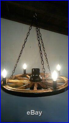 Antique, rustic, vintage wood wagon wheel chandelier ceiling light living dining