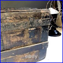 Antique vintage Industria C1800s wooden chest Trunk original Wood And Metal