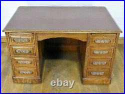 Antique vintage large carved Oak pedestal writing desk