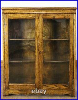 Antique vintage oak glazed double door bookcase display cabinet