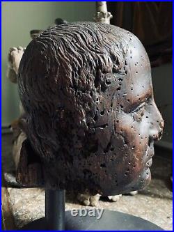 Antique vintage wooden carved head bust patina wood worm Roman