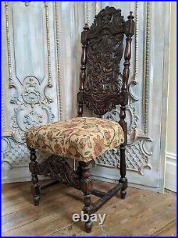 CARVED Oak JACOBEAN Antique Vintage Wood HIGH Back Dining Side Hall Chair
