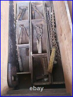 Carpenter's Tool Trunk with tools saw plane Vintage Antique old Wooden Chest box