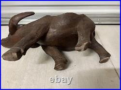 Carved Wooden Harnessed Playing Water Buffalo Sculpture Vintage Antique
