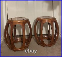Chinese Rosewood Vintage Stool Carved Barrel Drum Oriental Pair table MCM pair
