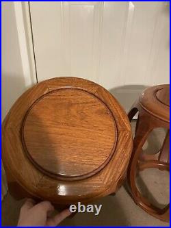 Chinese Rosewood Vintage Stool Carved Barrel Drum Oriental Pair table MCM pair