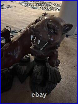 Chinese Tiger Hand Carved Wood Inlaid Eyes Teeth Vintage Antique Collectible