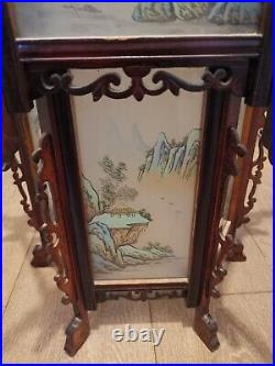 Chinese Vintage Carved Wood Lantern with Dragons & Painted Glass Panels Rare