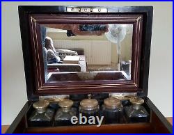 Coromandel wood vintage Victorian antique toilet box with silver plate top jars