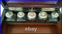 Coromandel wood vintage Victorian antique toilet box with silver plate top jars