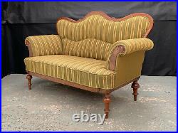 EB1472 Stained Beech & Green Striped Wool High-Backed Two-Seater Sofa Vintage