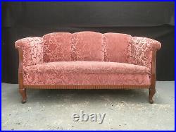 EB970 Danish Oak & Pink Floral Pattern Velour Three-Seater Sofa Vintage Lounge