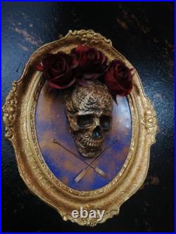 Framed Skull and roses in Vintage (frame 1964.) gothic home décor, wall hanging