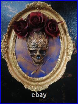 Framed Skull and roses in Vintage (frame 1964.) gothic home décor, wall hanging