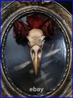 Framed gold crow Skull and red roses in a vintage frame. One of a kind Art