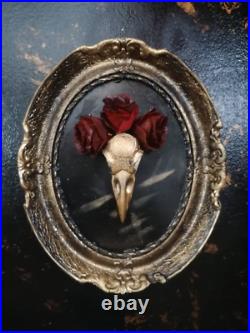 Framed gold crow Skull and red roses in a vintage frame. One of a kind Art