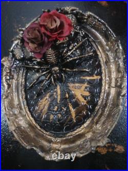 Framed gold spider and roses in Vintage frame. One of a kind Art