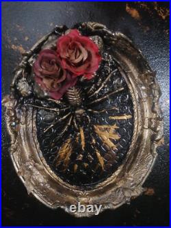 Framed gold spider and roses in Vintage frame. One of a kind Art