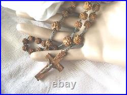French antique vintage old carved wooden Rosary Beads necklace with wood cross