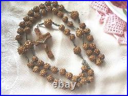 French antique vintage old carved wooden Rosary Beads necklace with wood cross