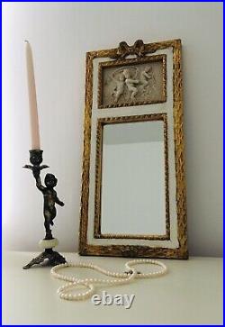 French vintage mirror with alabaster cherubs plague and carved wooden frame