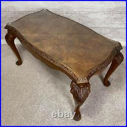 Gorgeous Vintage Burr Walnut Carved Wood Glass Top Coffee Table