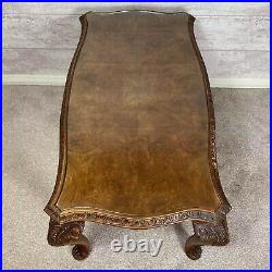 Gorgeous Vintage Burr Walnut Carved Wood Glass Top Coffee Table