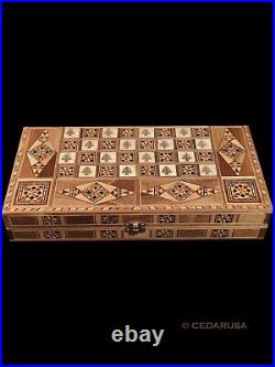 Handmade Backgammon Board Set Vintage Antique Chess Wood with Chess Pieces