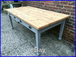 Huge Antique Hand Painted Rustic Pine Top Farmhouse Kitchen Table