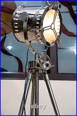 Huge vintage industrial DESIGNER Chrome Nautical SPOT LIGHT Tripod Floor LAMP