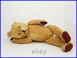Large Antique Wood Wool Stuffed Jointed Teddy Bear, Stitched Eyes/Nose/Mouth