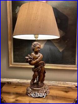 Large Antique vintage carved wood italian putti on giltwood base table lamp 65cm