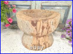 Large Vintage Antique Rustic Primitive Carved Dugout Wooden Mortar Bowl Planter