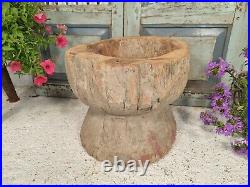 Large Vintage Antique Rustic Primitive Carved Dugout Wooden Mortar Bowl Planter