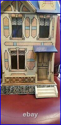 Lg Antique Gottschalk Blue Roof French Market 28 Tall Wood Litho Dollhouse