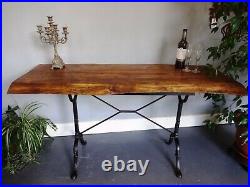 Lovely Vintage Antique Wood Wooden Top Cast Iron Metal Base Dining Side Table