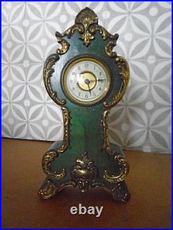 Lovely Vintage possibly antique mantel clock in green and gold wood 9 tall