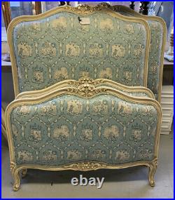 Matching pair of Vintage French Upholstered single beds, Toile De Jouy Fabric
