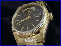 Men Rolex Day-Date President 18k Yellow Gold Watch Black Dial Fluted Bezel 18038